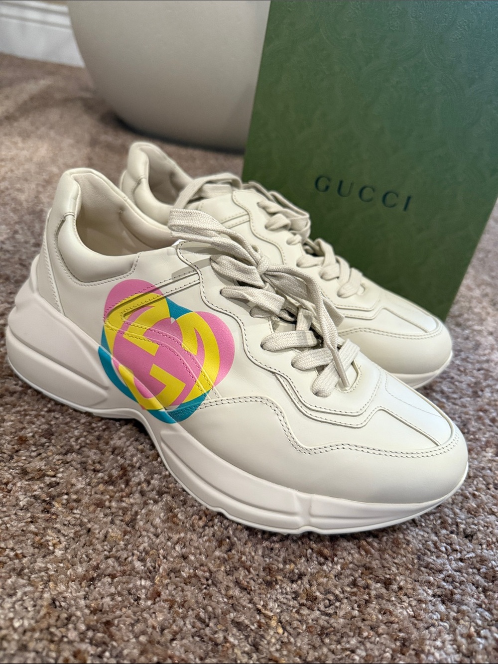 Gucci Cream Leather Rhyton Sneakers with Pink Yellow Teal Logo